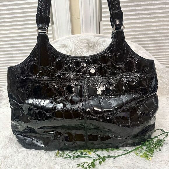 Brighton Black Croc Embossed Patent Leather Large Hobo‎ Shoulder Bag - Picture 4 of 9